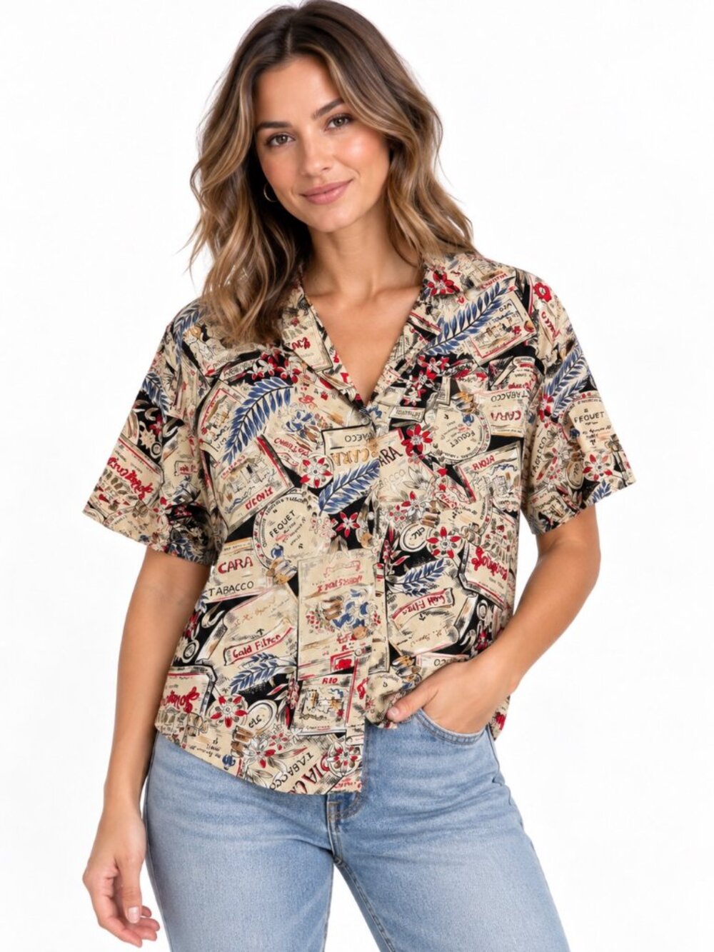 SK & Company Women’s 12 Vintage Cigar Tobacco Print Hawaiian Shirt Novelty Aloha